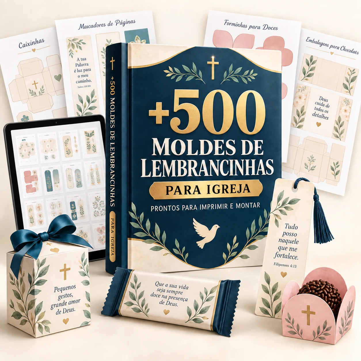 Mockup do pacote com mais de 500 moldes de lembrancinhas para igreja