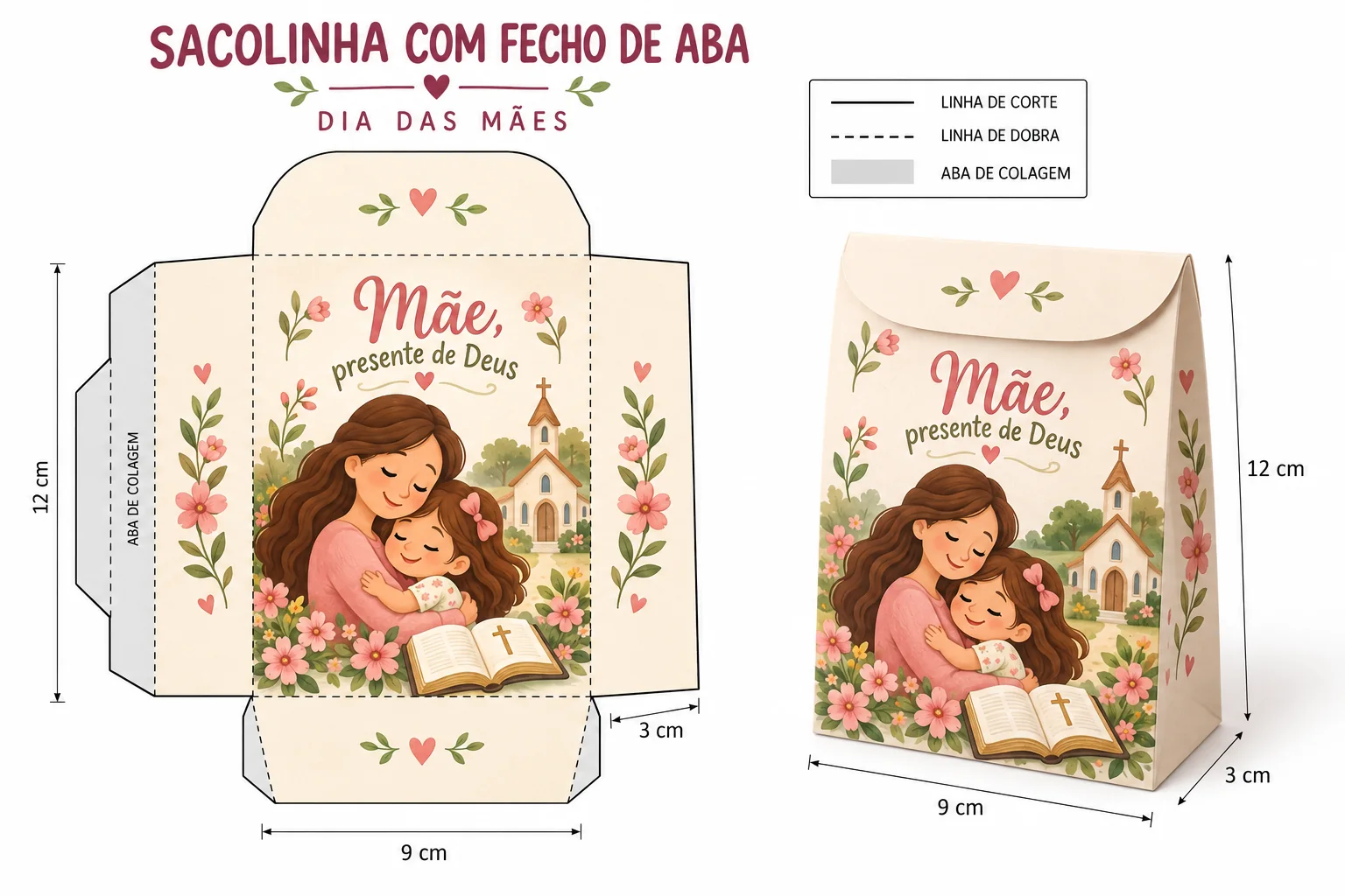 Molde e mockup de sacolinha para o Dia das Mães
